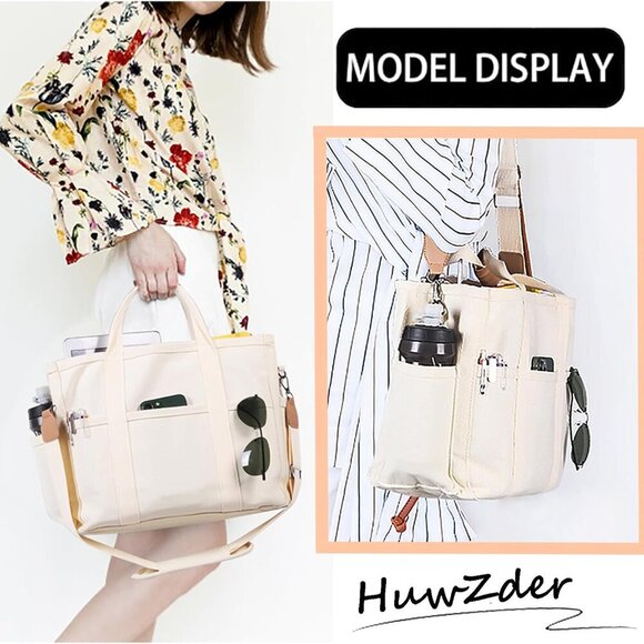 Large Canvas Tote Bag with Multiple Pockets, Travel Work Shoulder Bag - Picture 2 of 6